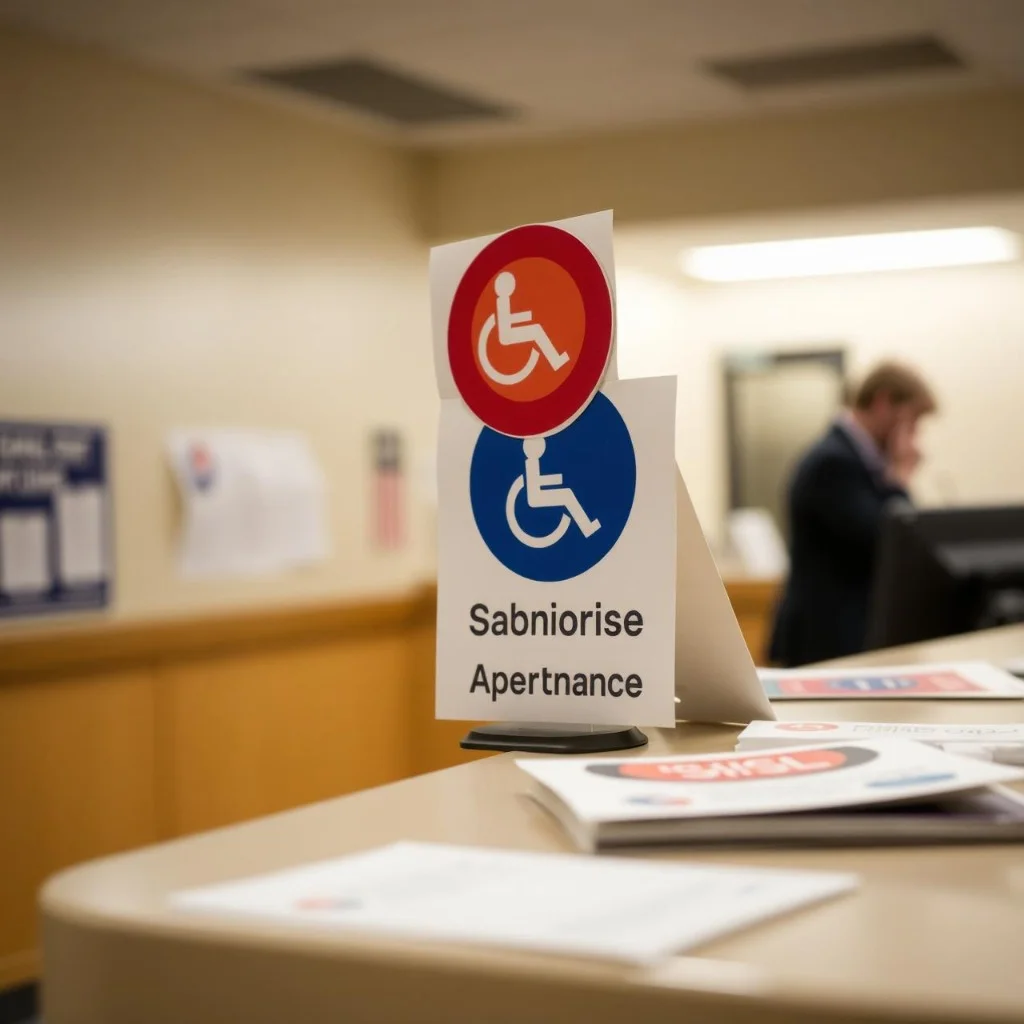 A blue and white accessibility sign with the international symbol of access.