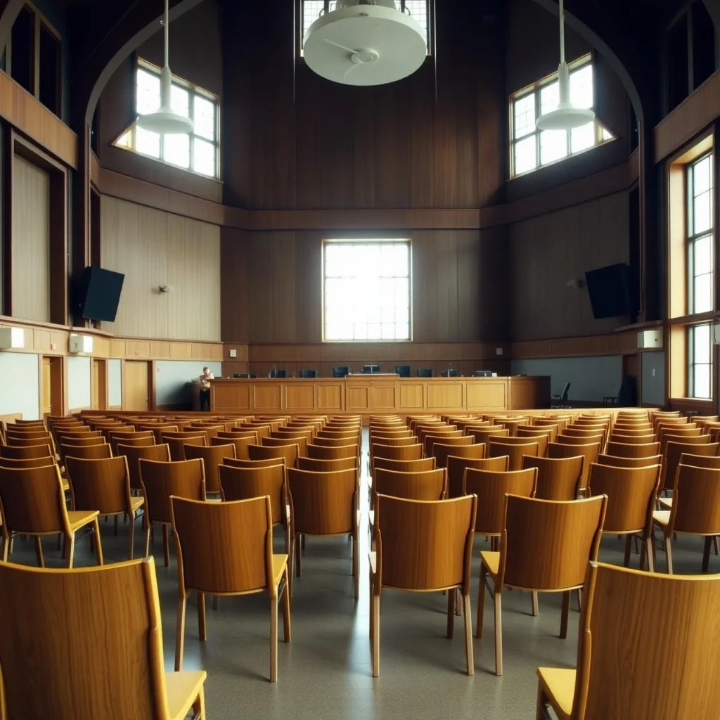 Empty wooden courtroom seating representing municipal and legal proceedings.