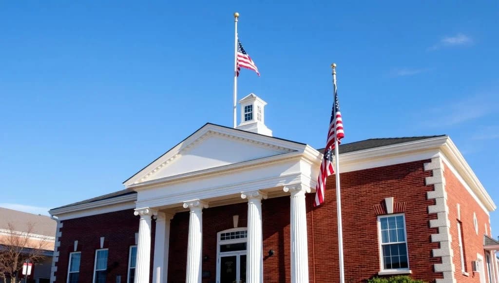Classic brick-and-column municipal building with American flag outside.