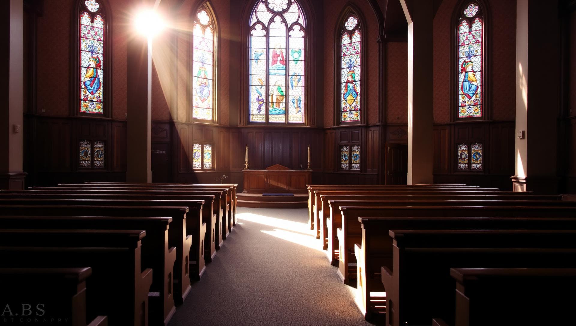 Church sanctuary interior with sunlight streaming through stained glass windows over wooden pews, peaceful and welcoming.