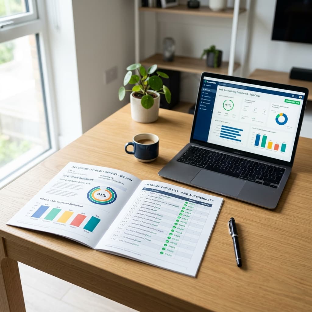 A printed website accessibility audit report with a checklist and charts on a wooden desk.