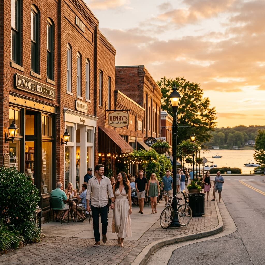 Historic downtown Acworth, Georgia during golden hour.
