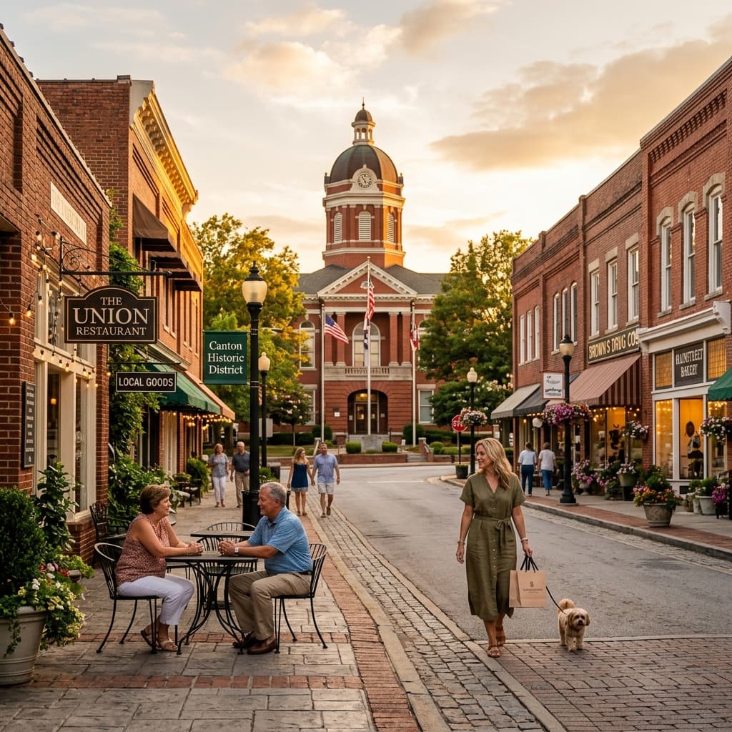 Historic downtown Canton, Georgia during golden hour.