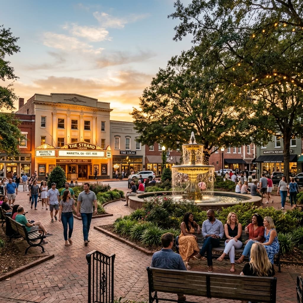 Marietta Square, Georgia featuring the community fountain and historic theater.