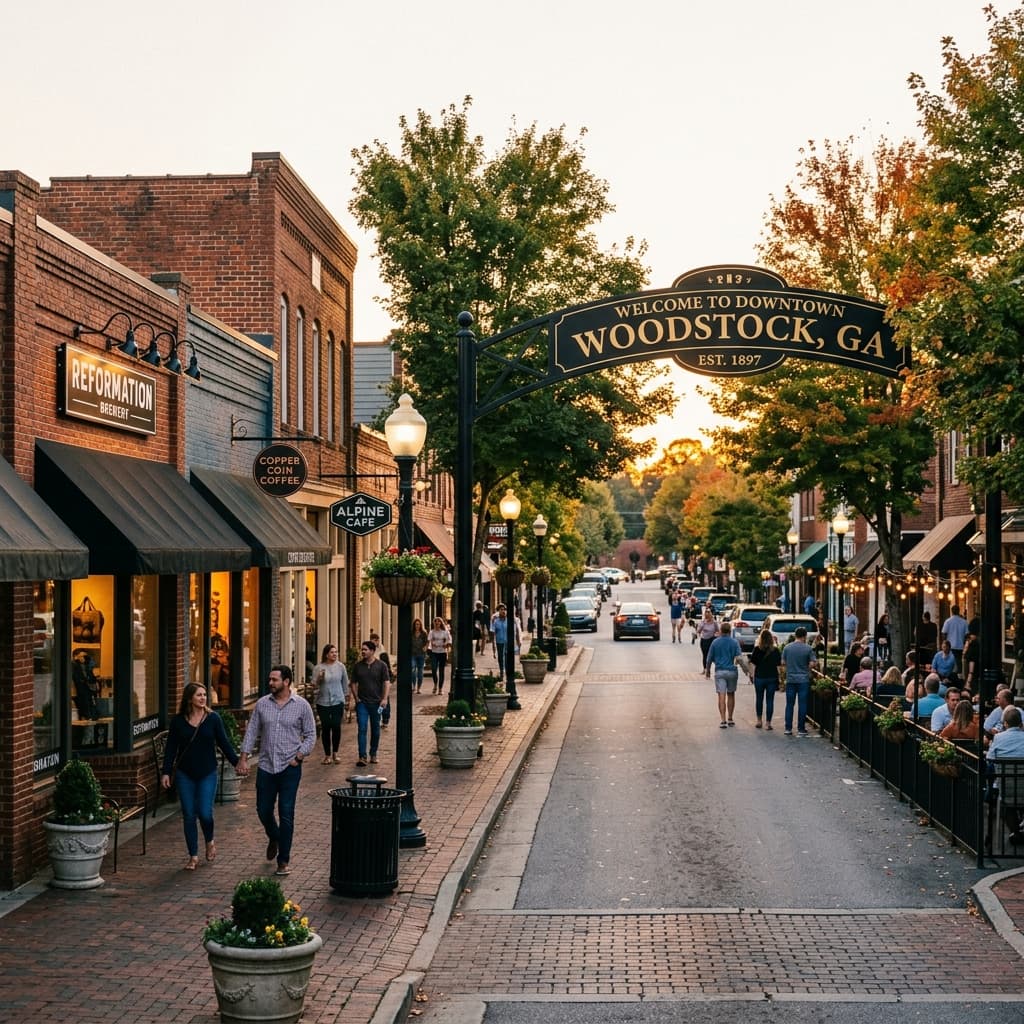 Downtown Woodstock, Georgia featuring local boutiques and the community sign.