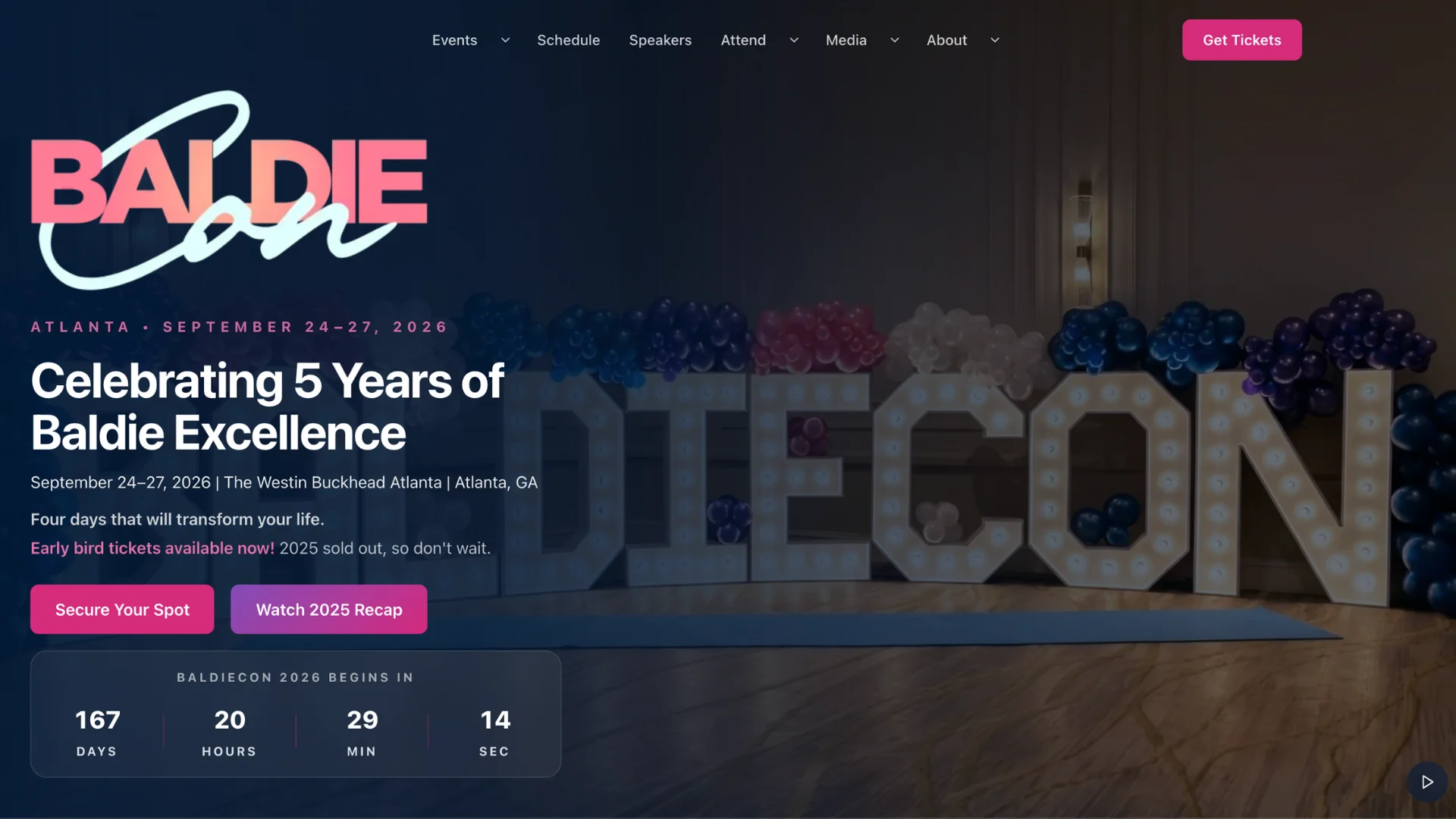 Baldie Con homepage hero section