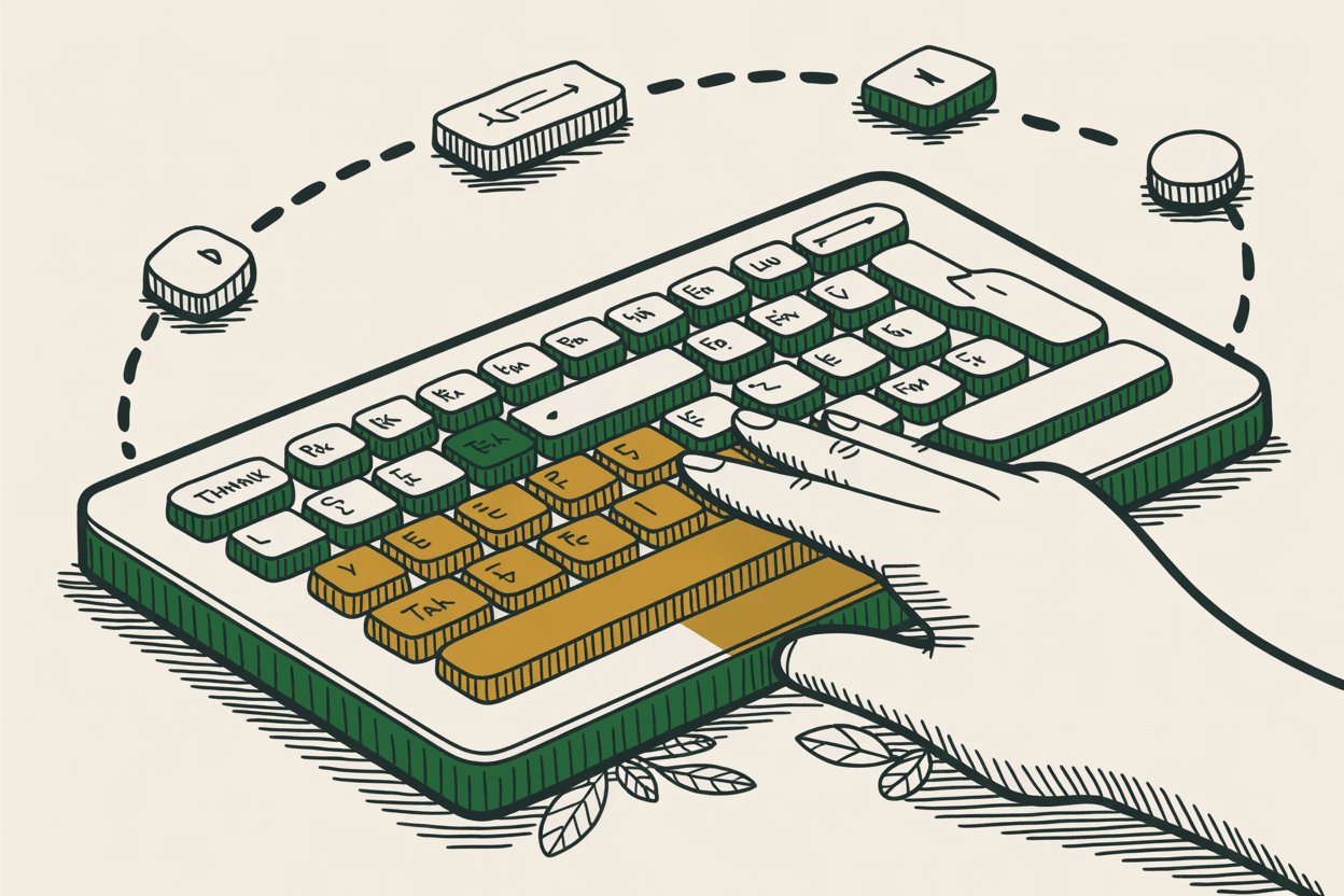 Hand-drawn line art of a keyboard with a glowing Tab key, dotted focus path connecting UI elements, green and gold pencil hatching