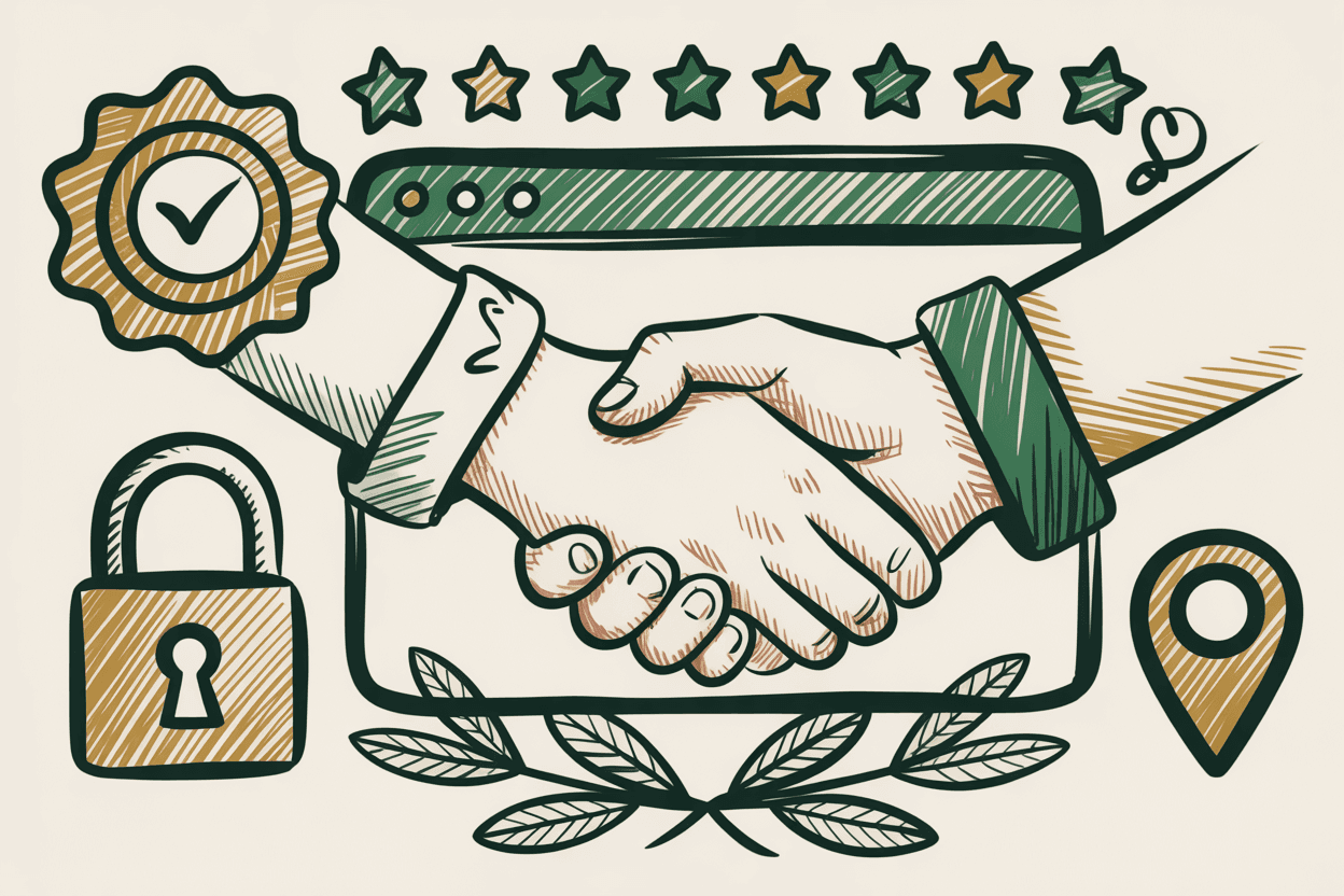 Hand-drawn line art of a handshake emerging from a browser window, with a badge, padlock, and five stars, green and gold pencil hatching