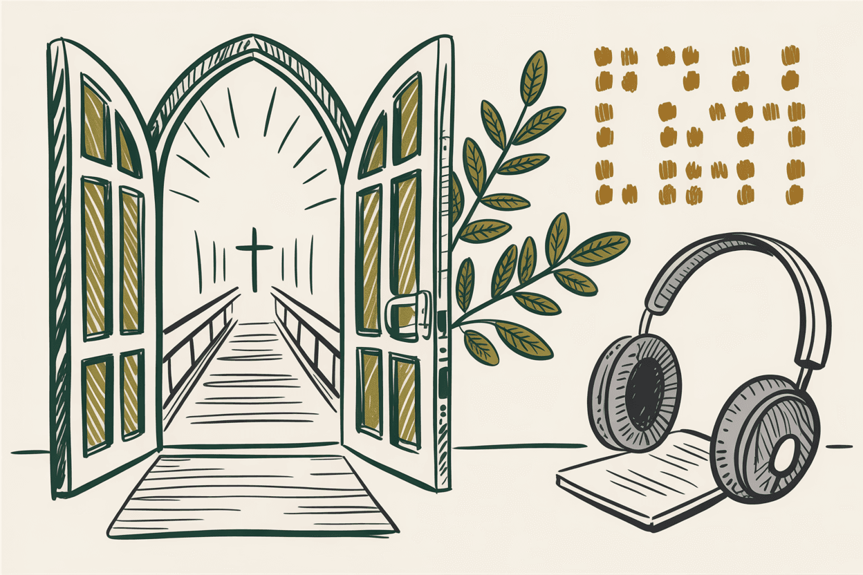 Hand-drawn line art of open church doors with a wheelchair ramp, headphones, and braille dots, green and gold pencil hatching