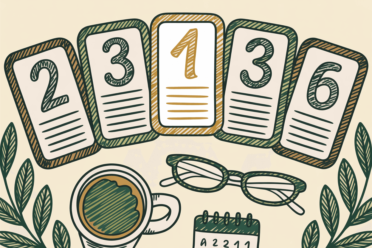 Hand-drawn line art of a simple dashboard with five large number cards, a coffee mug, and reading glasses, green and gold pencil hatching