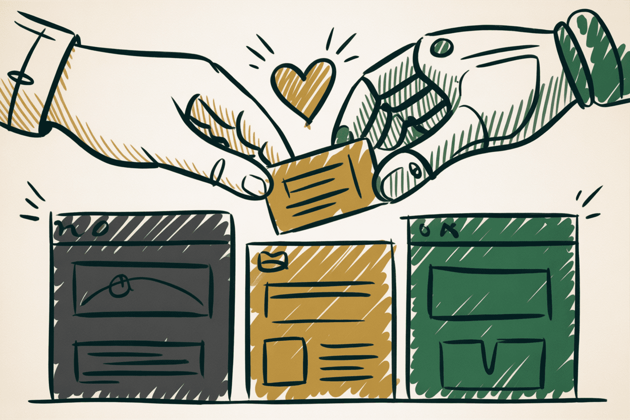 Hand-drawn line art of a human hand and a robot hand collaborating to arrange website blocks together, green and gold pencil hatching