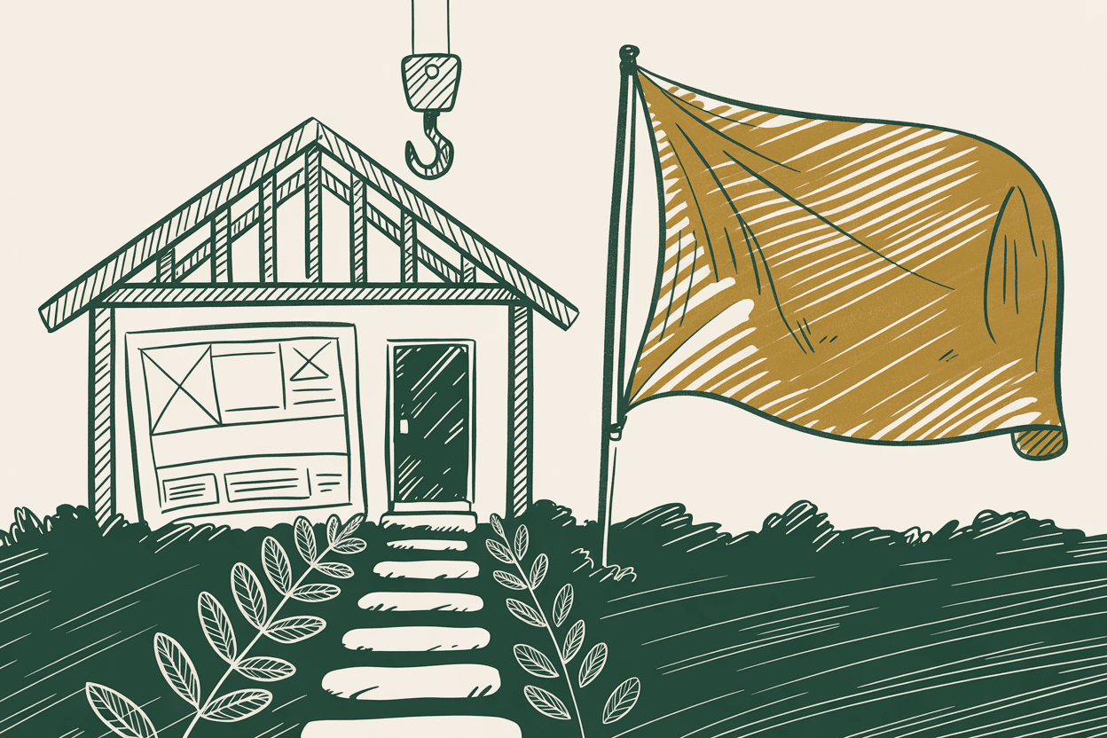 Hand-drawn line art of a house under construction with a website wireframe blueprint and a planted flag, green and gold pencil hatching