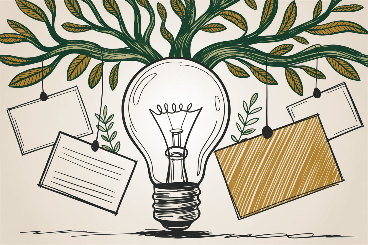 Hand-drawn line art of a lightbulb sprouting branches with small idea cards hanging from them like fruit, green and gold pencil hatching