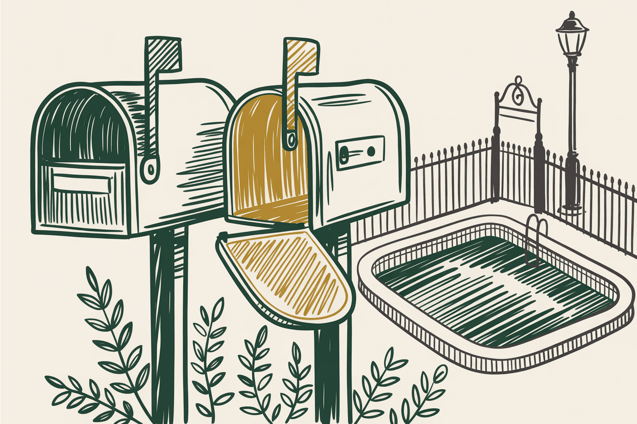 Hand-drawn line art of a mailbox cluster with one open mailbox glowing gold, a swimming pool, and community gate with green and gold pencil hatching