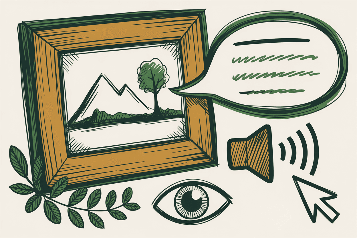 Hand-drawn line art of a framed photo with descriptive text lines flowing from it like a speech bubble, green and gold pencil hatching