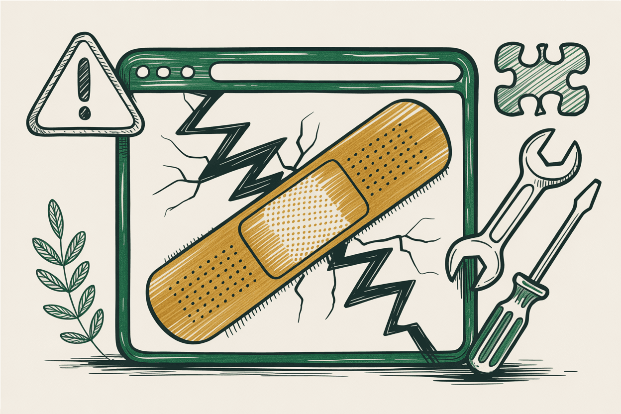 Hand-drawn line art of a cracked browser window, bandage, warning triangle, and repair tools with green and gold pencil hatching