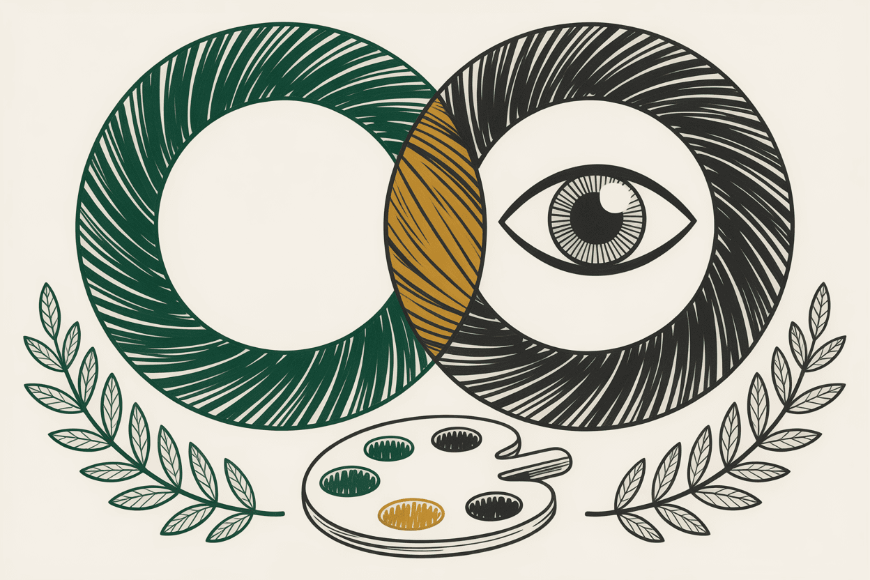 Hand-drawn line art of two overlapping circles like a Venn diagram showing contrast, with an eye and a paint palette, green and gold pencil hatching