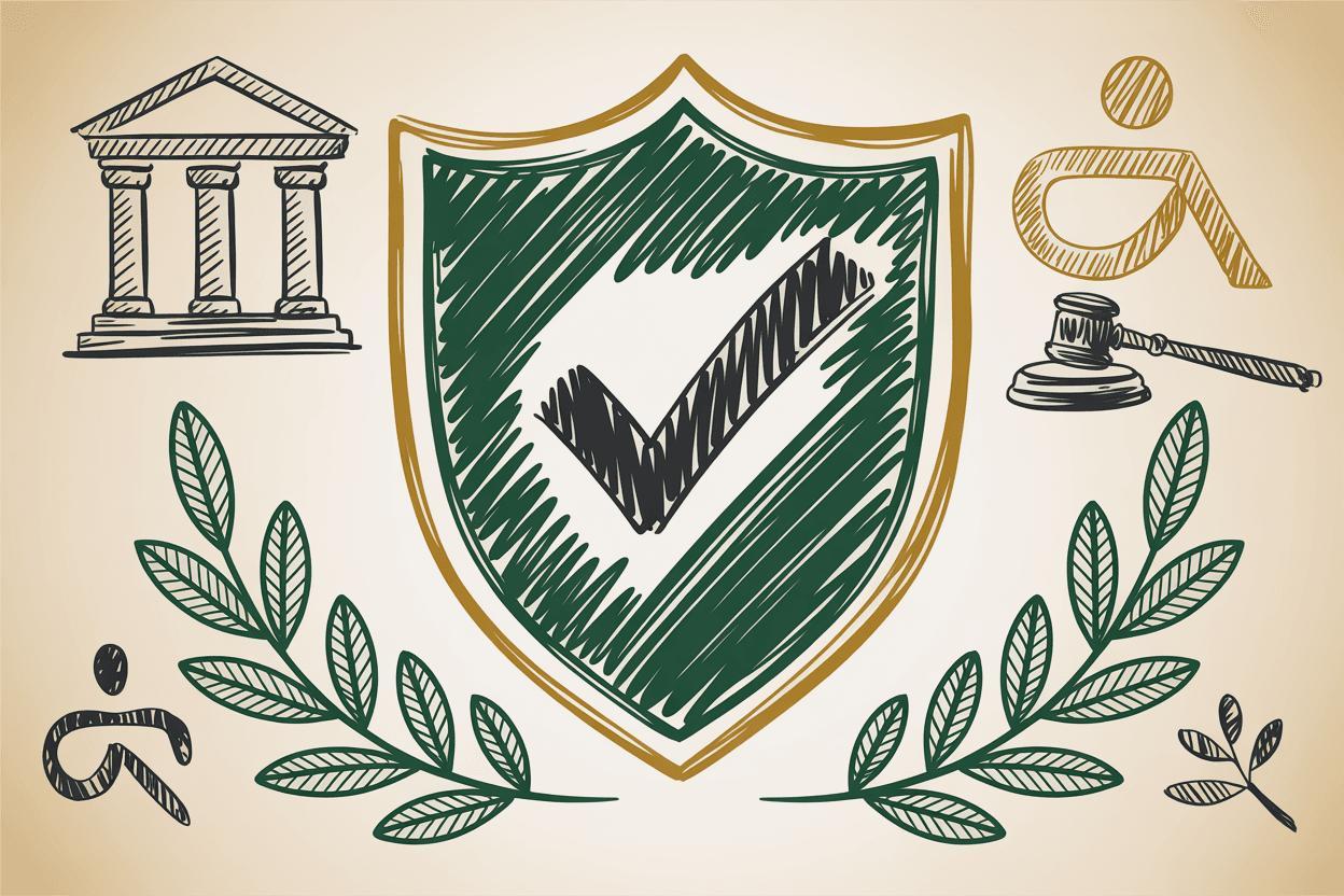 Hand-drawn line art of a compliance shield, government building columns, accessibility symbol, and laurel with green and gold pencil hatching