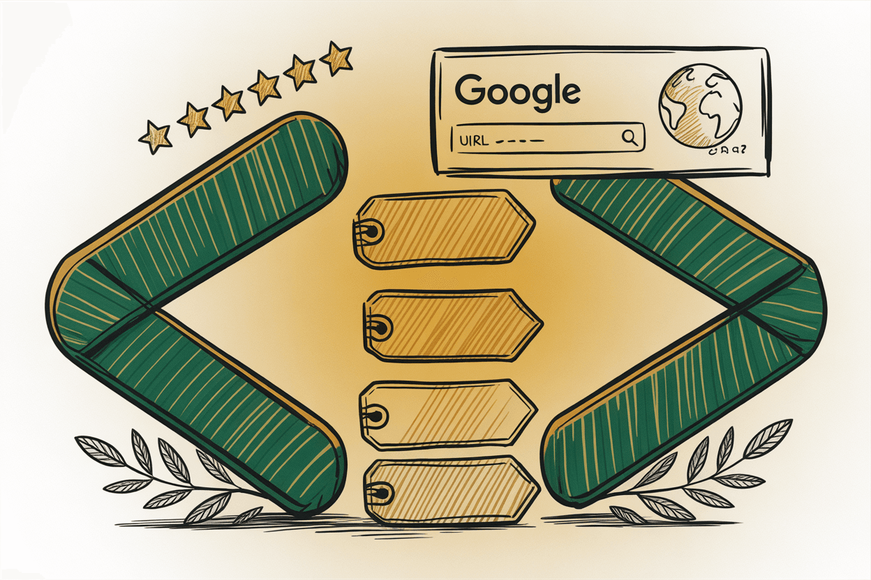Hand-drawn line art of nested brackets with tags inside, a Google search result card floating above, green and gold pencil hatching