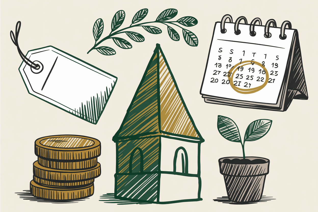 Hand-drawn line art of a church steeple, price tag, coins, calendar, seedling, and laurel with green and gold pencil hatching