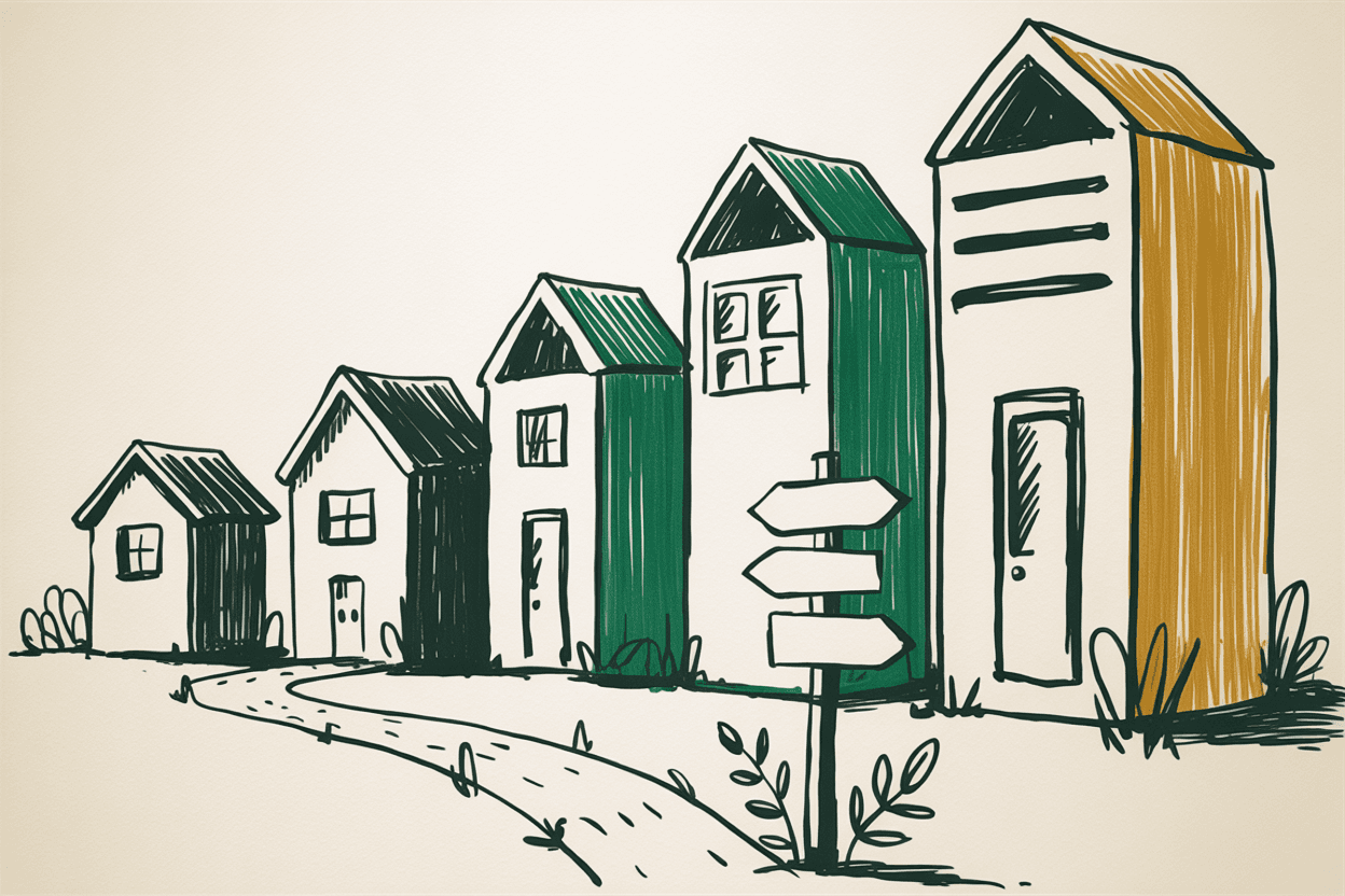 Hand-drawn line art of four server buildings of different sizes on a street, with a signpost pointing to each, green and gold pencil hatching