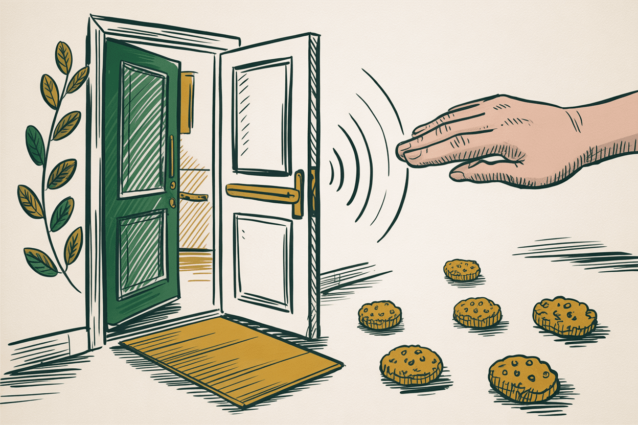 Hand-drawn line art of a wide-open door with ramp, screen reader wave lines, and braille dots with green and gold pencil hatching