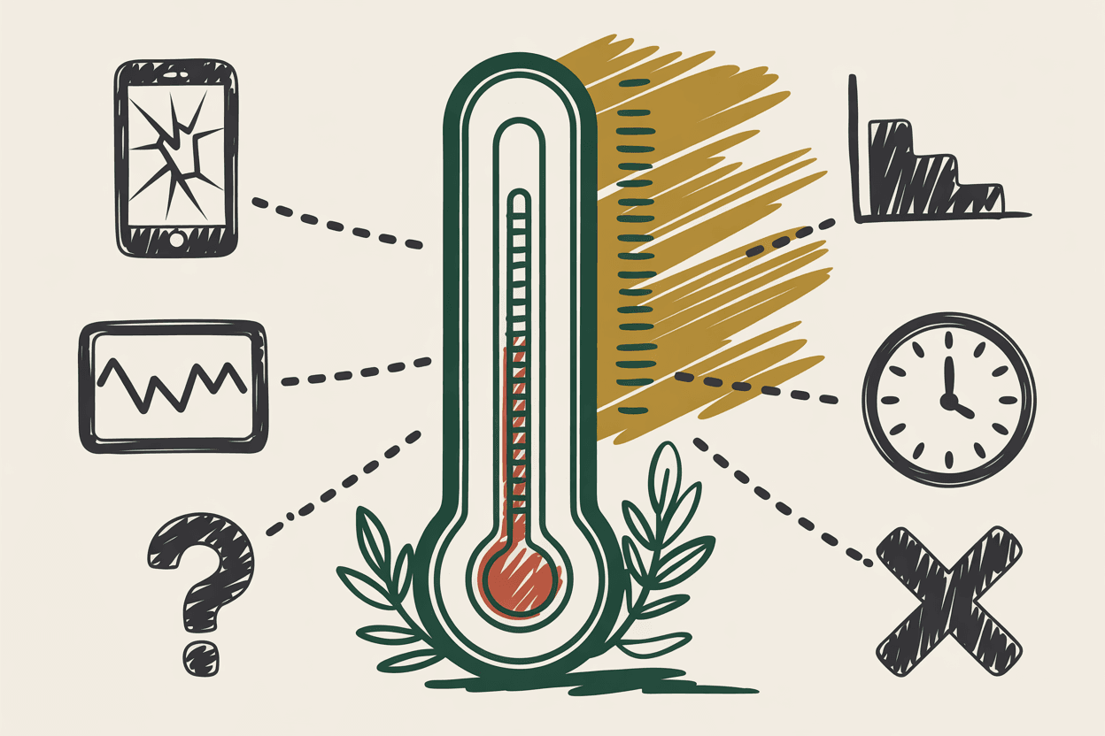 Hand-drawn line art of a thermometer with warning marks, a cracked screen, and a declining graph, green and gold pencil hatching