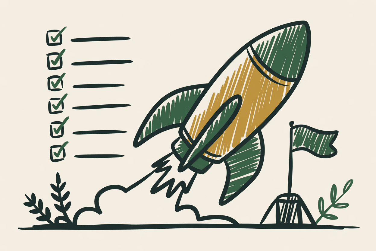 Hand-drawn line art of a rocket on a launch pad with a countdown checklist and a flag, green and gold pencil hatching