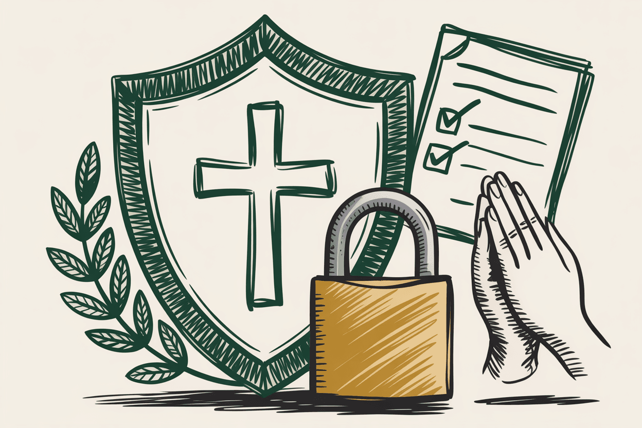 Hand-drawn line art of a shield with a cross and a padlock, prayer hands, and a document, green and gold pencil hatching