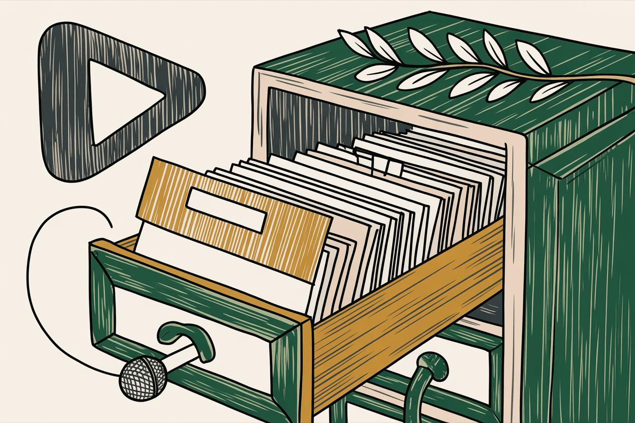 Hand-drawn line art of a library card catalog with sermon cards organized by tabs, a play button, and a microphone, green and gold pencil hatching