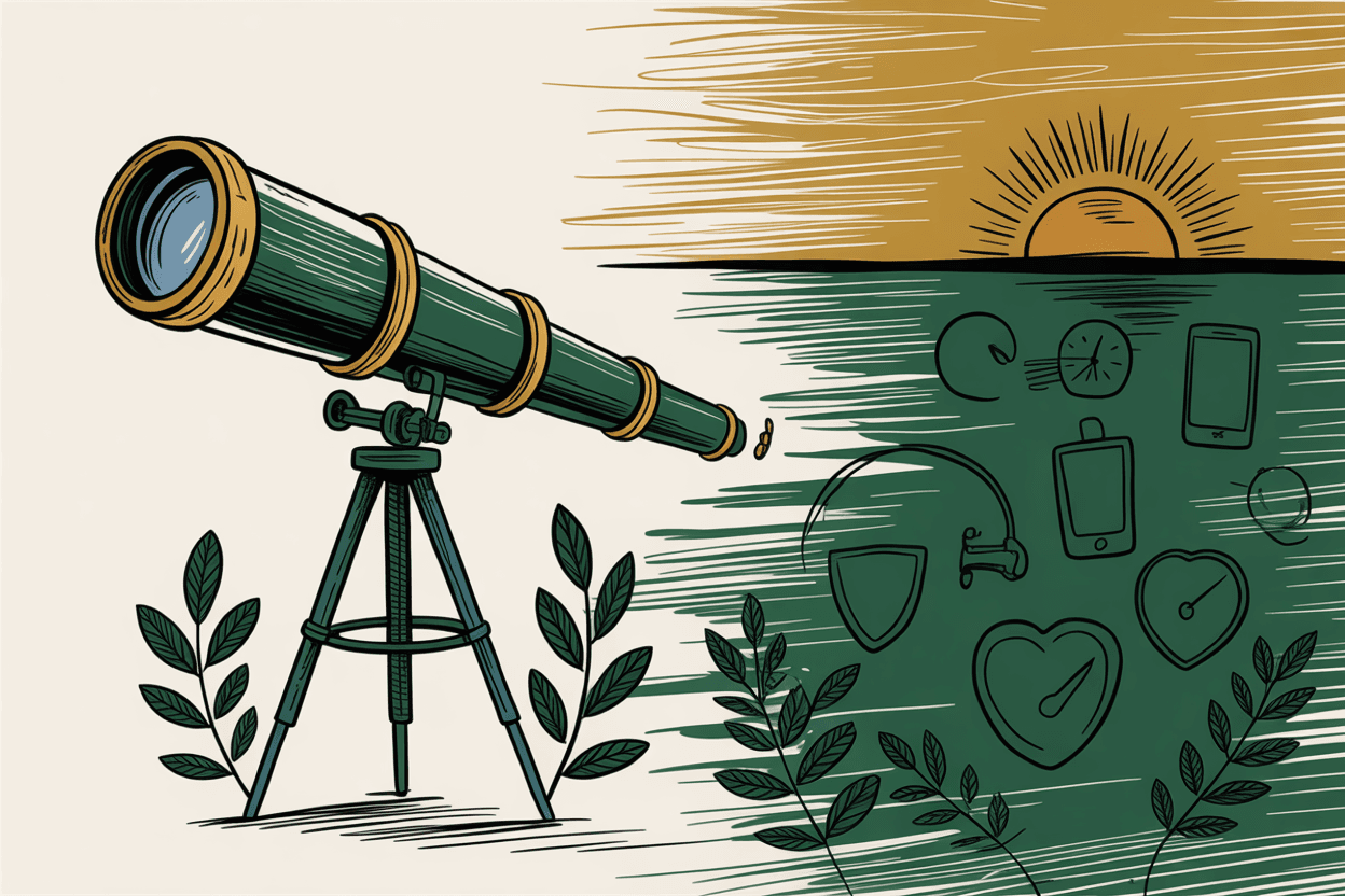 Hand-drawn line art of a telescope looking toward a horizon with emerging website shapes and a rising sun, green and gold pencil hatching