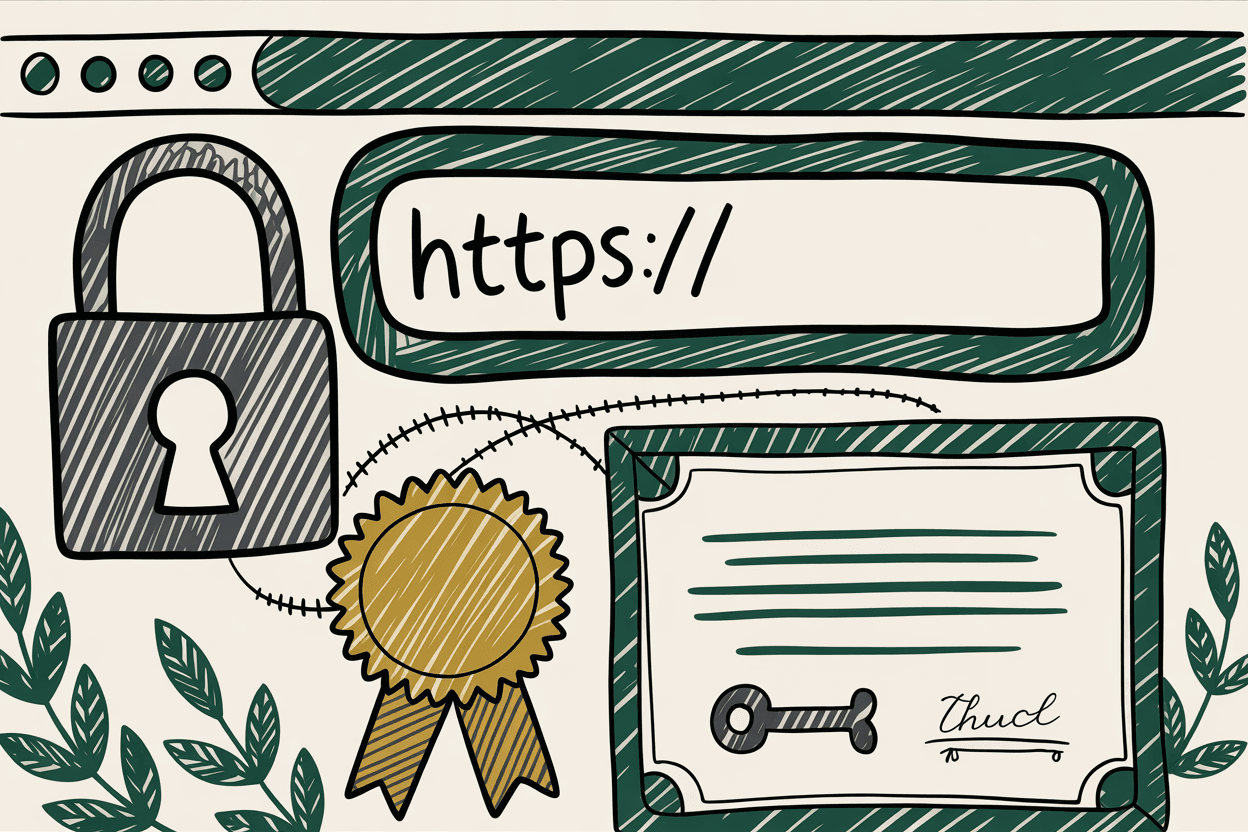 Hand-drawn line art of a browser address bar with a padlock and https, a certificate ribbon, green and gold pencil hatching