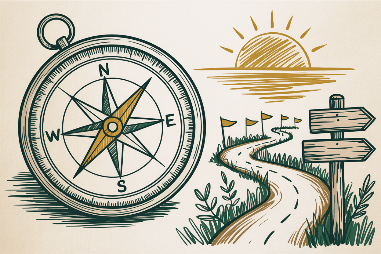 Hand-drawn line art of a compass pointing toward a rising sun, with trail markers and a signpost with green and gold pencil hatching