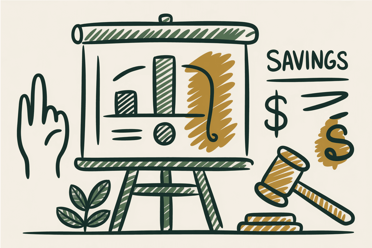 Hand-drawn line art of a presentation easel with a cost chart, a raised hand voting, and a gavel, green and gold pencil hatching