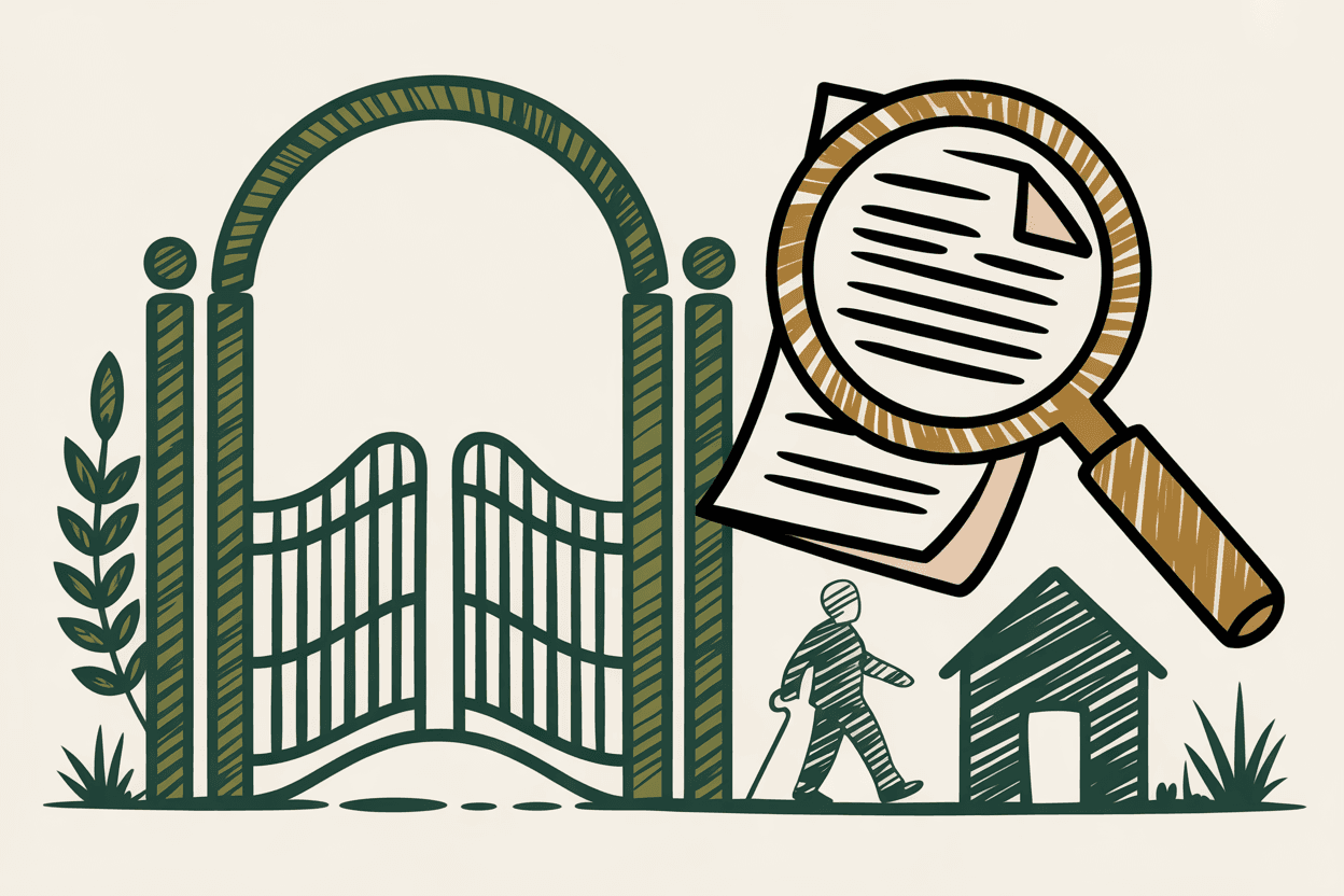 Hand-drawn line art of a neighborhood gate with an accessibility ramp, a document with a magnifying glass, green and gold pencil hatching