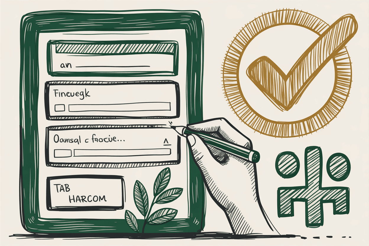 Hand-drawn line art of a form with labeled fields and a hand filling it in, with a checkmark and accessibility symbol, green and gold pencil hatching