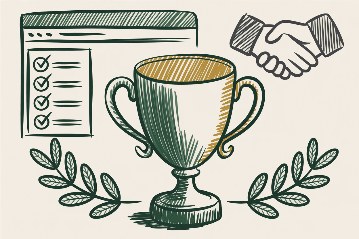 Hand-drawn line art of a trophy, browser window, checklist, and laurel wreath with green and gold pencil hatching