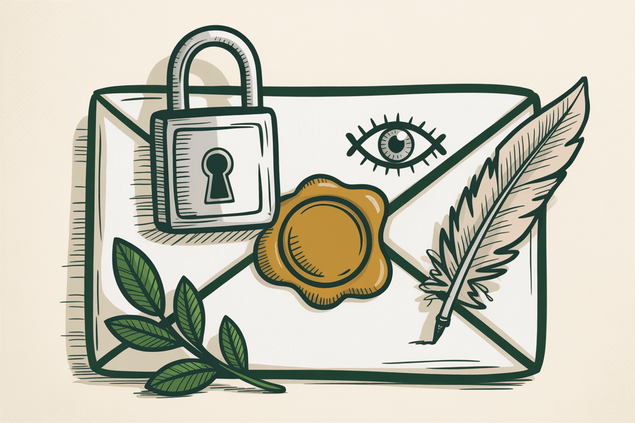 Hand-drawn line art of a padlock resting on a folded letter with a wax seal, a small eye with a line through it, green and gold pencil hatching