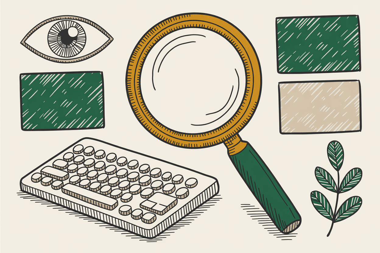 Hand-drawn line art of a magnifying glass, eye, keyboard, contrast swatches, and laurel with green and gold pencil hatching
