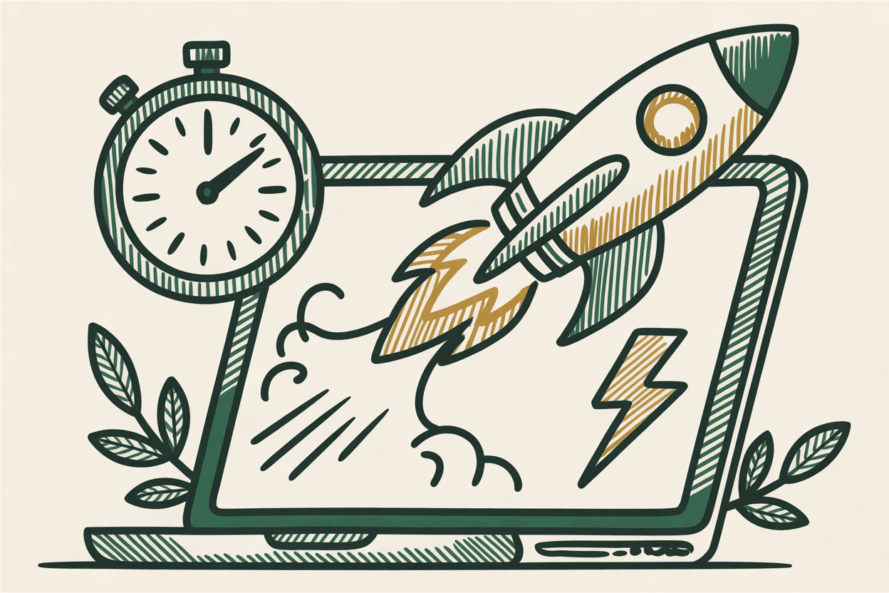 Hand-drawn line art of a rocket launching from a laptop screen with speed lines and a stopwatch, green and gold pencil hatching