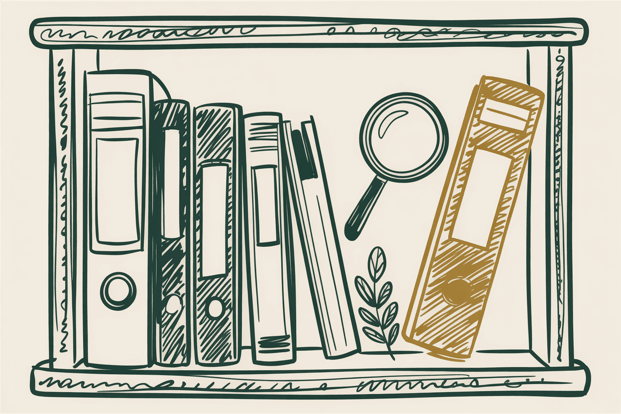 Hand-drawn line art of an organized bookshelf with labeled binders and folders, a magnifying glass over one binder, green and gold pencil hatching