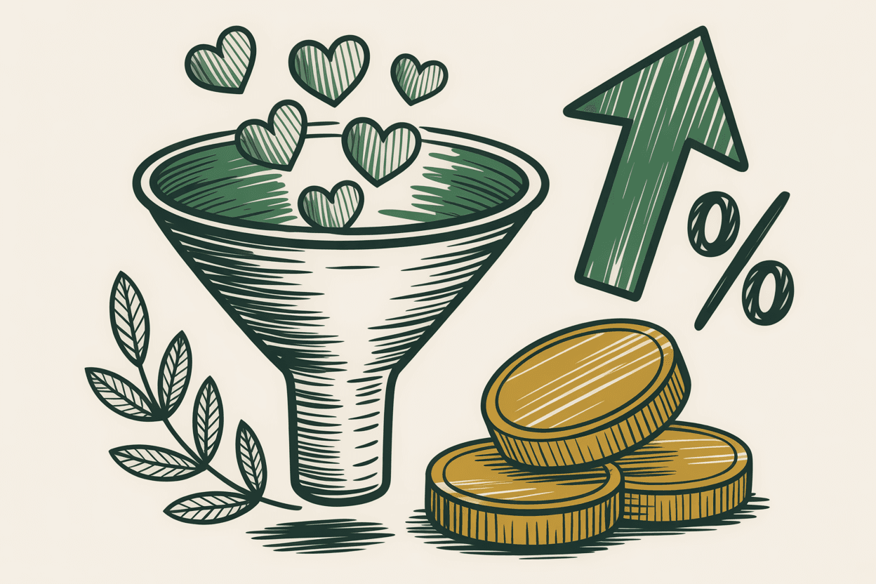 Hand-drawn line art of a funnel with hearts entering the top and gold coins emerging at the bottom, with an upward arrow, green and gold pencil hatching