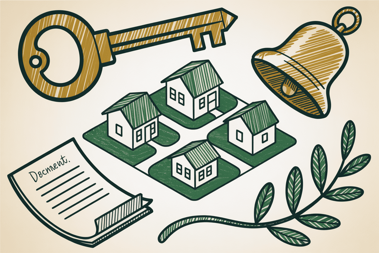 Hand-drawn line art of an isometric neighborhood map, key, document, bell, and laurel with green and gold pencil hatching