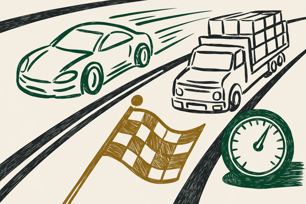 Hand-drawn line art of two racing lanes with a sleek car and a loaded truck, finish flag, speedometer with green and gold pencil hatching