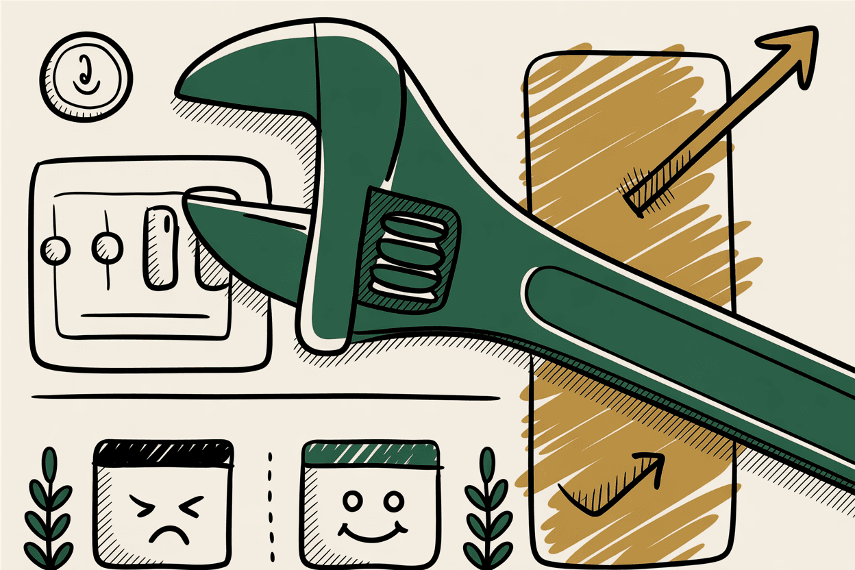 Hand-drawn line art of a wrench adjusting small website components like knobs and dials, with a coin showing the low cost, green and gold pencil hatching