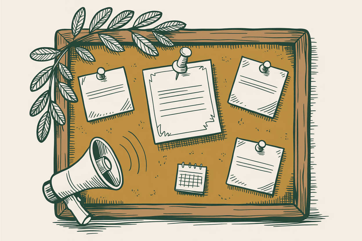 Hand-drawn line art of a community bulletin board with pinned notices, a megaphone, and a pushpin, green and gold pencil hatching