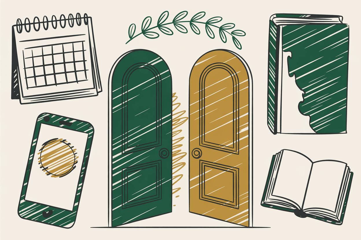 Hand-drawn line art of arched church doors, calendar, map pin, smartphone wireframe, and laurel with green and gold pencil hatching
